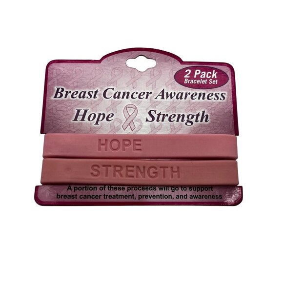 Breast Cancer Awareness Hope & Strength Pink Silicone Bracelets 2-Pack Set - Picture 1 of 6